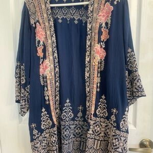 Johnny Was Helena Blue Floral Embroidered Kimono Boho Size S ((Oversized)